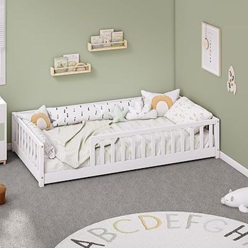 Twin Montessori Floor Bed with Rails, Solid Wood Floor Bed Frame for Kids, Montessori Bed with Slats, No Box Spring Needed, White