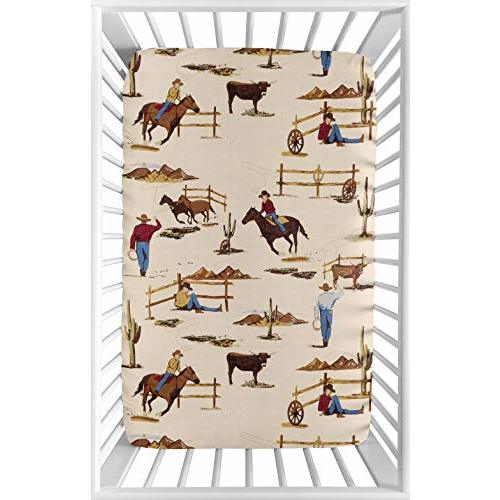 Sweet Jojo Designs Baby Fitted Mini Crib Sheet (Western Cowboy) for Boys, Newborn/Infant Nursery, Play Yards, Portable Cribs (Vintage Americana, Wild West, Southern Charm, Country, Horse, Ranch, Tan)