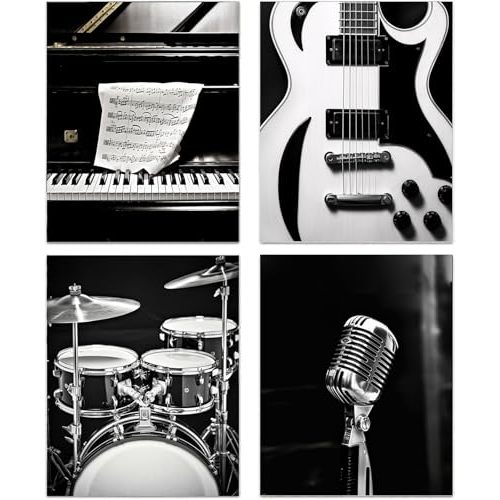 TOCDGOO Vintage Music Wall Art - Set of 4 Black and White Musical Instrument Prints - Retro Microphone Piano Guitar Canvas Posters for Studio Bedroom Decor - 8"x10" Unframed