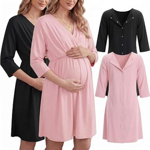 2 Pack Labor and Delivery Gown for Hospital Maternity Nursing Short Sleeve Gown Button Back Birth Recovery Sleepwear