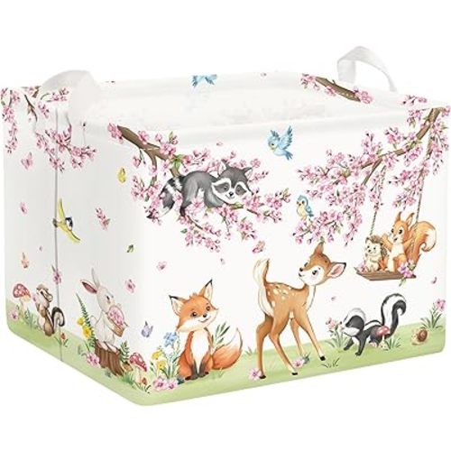 Clastyle Forest Animal Baby Storage Basket Leaf Kid Laundry Hamper Boy Girl Gift Toy Box Collapsible Clothes Organizer Nursery Bin for Bedroom, Cherry Deer, 40x30x30 cm