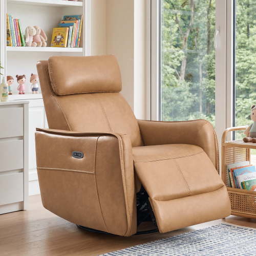 Ebello Power PU Leather Swivel Rocker Recliner, Electric Swivel Glider Chair with USB & Type-C Ports for Nursery, Living Room, Brown
