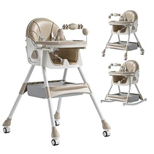 2 in 1 High Chair Rocking Seat Sturdy Easy Clean Food-Grade Safety PP Material, Feeding Chair for Babies & Toddlers 6 Months to 6 Years (Brown)