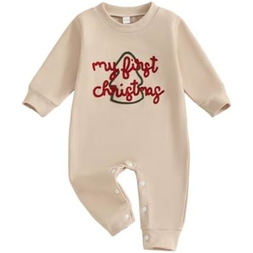 First Christmas Baby Boy Outfit Embroidered Christmas Tree Onesie Newborn Infant Long Sleeve Romper Clothes