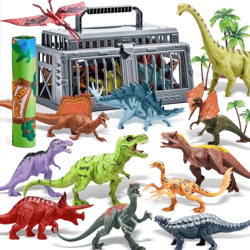 Joyfy 19 PCS Dinosaur Figures with Play Mat, Storage Cage, Trees, Christmas Birthday Gift for Boys
