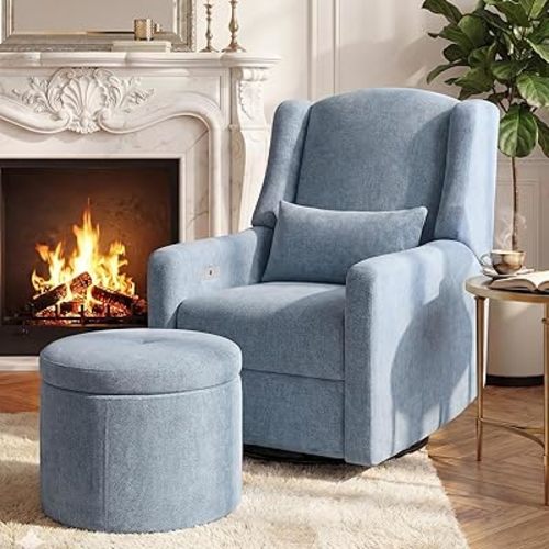 Power Glider Recliner Nursery Chair w/USB Ports, Soft Chenille Glider Rocking Chair with Ottoman, Swivel Glider Chair with Lumbar Pillow for for Nursery, Blue