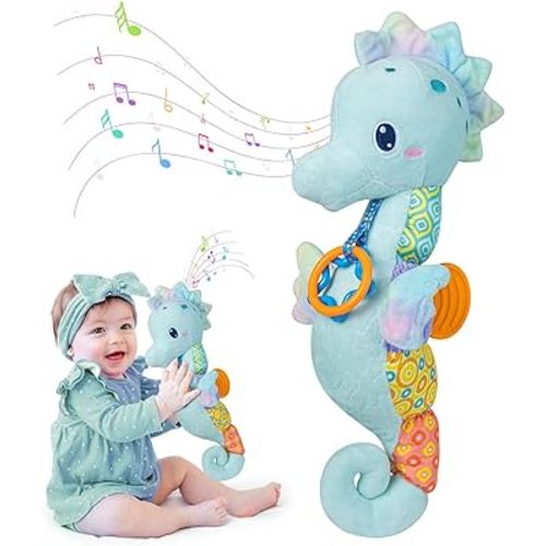 Baby Toys 0-6 Months,Infant Musical Seahorse Stuffed Animals Sensory Toys with Bright Colors,Multiple Textures,Rattles & Crinkle Sound Paper,Soft Tummy Time Toy for Newborn Boys Girls 0-12 Months-Blue