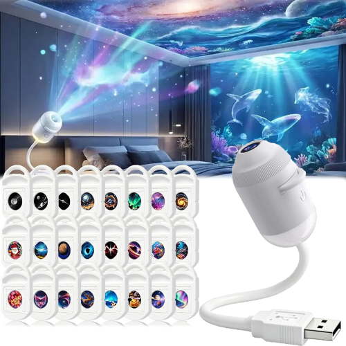 2-in-1 Galaxy Projector Night Light, 2026 New USB Starry Sky Night Light Projector with Adjustable Brightness, Mini LED Projection Lamp for Bedroom (A-5 Projection Films)
