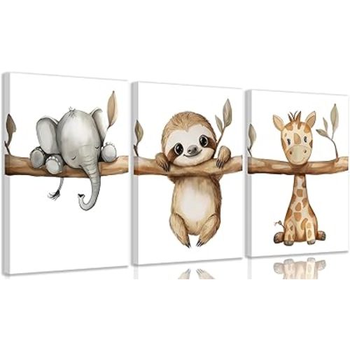 3Pcs Nursery Animal Canvas Wall Art Safari Nursery Picture Painting Jungle Animal Wall Decor Cute Elephant Sloth Giraffe Posters Prints Artwork for Boys Girls Baby Room Decoration 12x16in