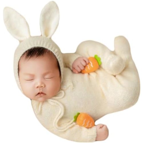 Vemonllas Newborn Photography Props Boys Girls Outfits Mohair Bear Hat Bonnet & Footed Romper Bodysuit Photoshoot Costume Set