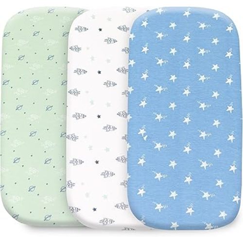 Organic Bassinet Sheets 3 Pack, 33x17 Fitted Sheet for Boys & Girls, Soft 100% Jersey Cotton, Compatible with Halo Bassinest, Baby Delight, Graco, Oval & Rectangle Mattress