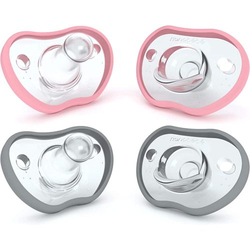 Nanobebe Baby Pacifiers 0-3 Month - Orthodontic, Curves Comfortably with Face Contour, Award Winning for Breastfeeding Babies, 100% Silicone, Baby Registry Gift 4pk,Pink/Grey