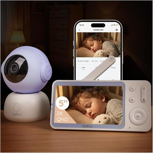BOIFUN Wi-Fi Baby Monitor with Camera and Audio, Smartphone Compatible APP, 2K HD Night Vision with 5” Display, Auto Motion Tracking & Cry Detection, 2-Way Talk, Temp Sensor, Safe Encrypted