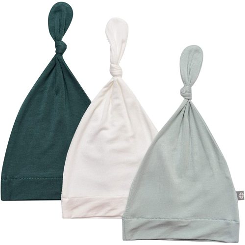 KYTE BABY Rayon Made from Bamboo Baby Beanie Soft Knotted Caps, 0-3 Months, Emerald, Cloud, and Sage, 3 Pack