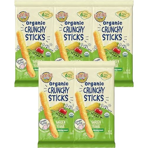 Earth's Best Organic Baby Food, Dissolvable Teething Snack for Babies 6 Months and Older, Garden Veggie Crunchy Sticks, .56 oz Pack (Pack of 5)