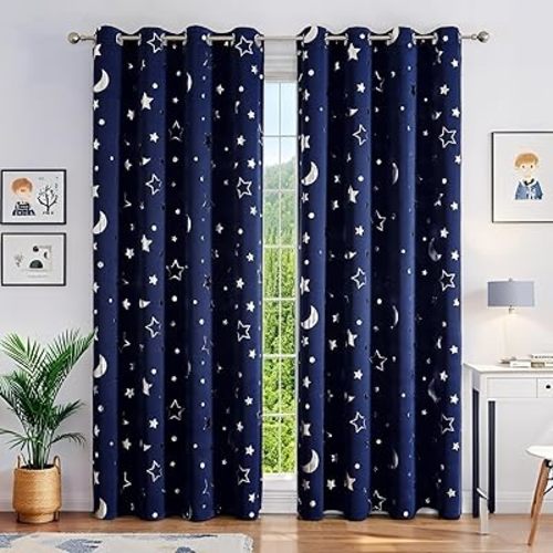 WUBODTI Boys Curtains Navy Blue 100% Blackout Star Curtains Cute Space Themed Thermal Insulated Room Darkening Blackout Drapes for Kids Room Nursery Boys Room(W52 x L96, 2 Panels)