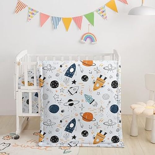Crib Bedding Set,3pcs Nursery Cartoon Space Planet Printed Crib Bedding Set,with Comforter Sheet & Skirt for Baby Boys and Girls(Planet)