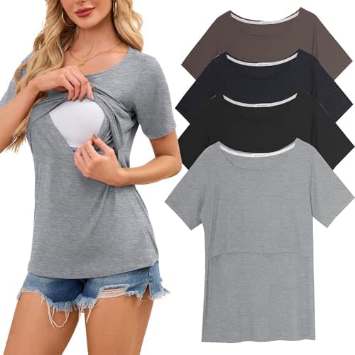 Smallshow Women's Nursing Tops Ribbed Short Sleeve Breastfeeding Shirts 4 Pack