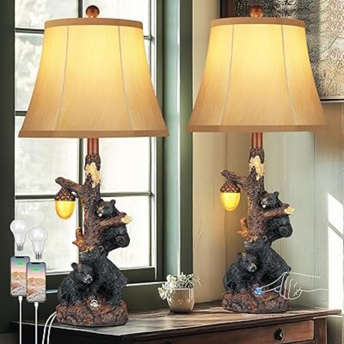 Set of 2 Bear Bedside Table Lamps for Bedroom with Nightlight & USB A+C,Touch Accent Cottage Table Lamps for Living Room,Farmhouse Rustic Animal Nightstand Lamps for Western Cabin Christmas Decor