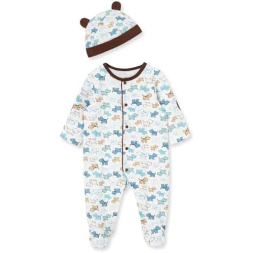 Little Me Baby Boy Clothes 2-Piece Baby Sleeper and Cap Set, 100% Cotton Footies Baby Essentials, Preemie to 9 Months
