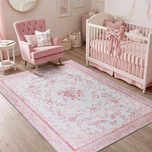Baby Pink Vintage Floral Nursery Rug Girl 5x7, Cutecore Bow Room Decor Rug for Girls Room, Light Pink Kawaii Toddler Rug for Little Girls Bedroom, Alfombra para Bebes