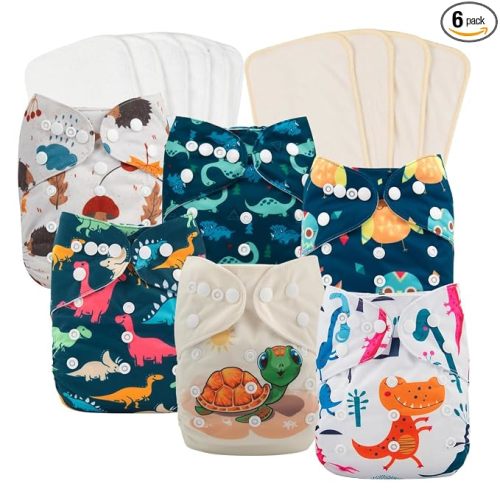 babygoal Reusable Cloth Diapers 6 Pack+10pcs Inserts, One Size Adjustable Washable Pocket Nappy Covers for Baby Boys and Girls