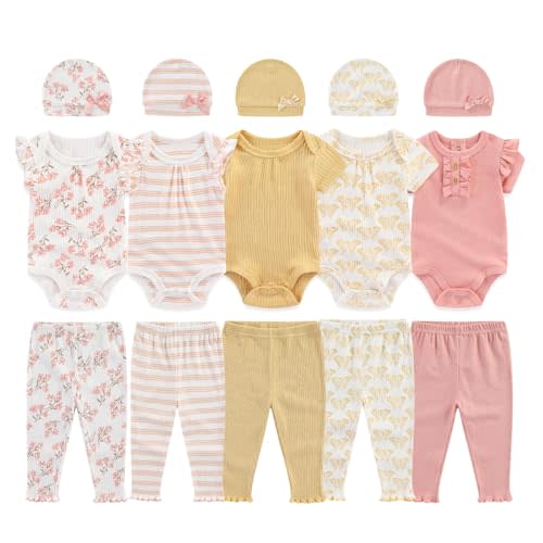 BABYSOLIS 0-12 Months Unisex Baby Pants Sets New born Bodysuit and Hats 15 Pack Boy Girl Infant Comfort Outfit Clothes
