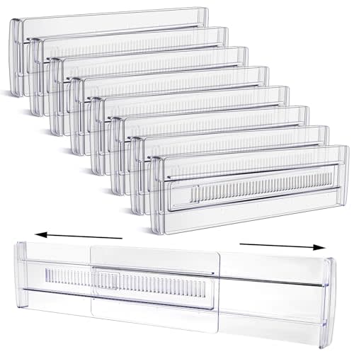 Dntorx Drawer Dividers, 8 Pack Adjustable Drawer Organizers 3.2"" High Expandable from 11.3-20"" Clear Expandable Dresser Organizer for Clothes Kitchen Utensils Cutlery Drawer Organizers Set