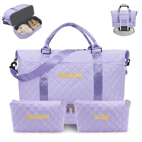 Mama Baby Pregnancy Hospital Bag Essentials for Women Labor Delivery Diaper Organizer with Shoe Compartment,2 Waterproof Toiletry Pouch Travel Duffle Bag for Mommy Weekender Overnight Gym Gifts,Purple