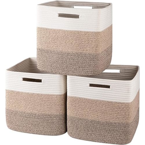 OIAHOMY 13 Kallax Inch Cube Storage Bins, 3-Pack Cotton Rope Woven Baskets for Organizing, Kallax Insert Storage Baskets for Shelves, Baby Nursery, Closet Organizer, 13 * 13 * 12.6IN, Gradient Brown