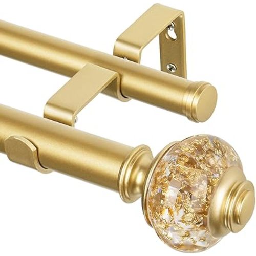 1 Inch Gold Double Curtain Rods 36 to 72 Inches (3 to 6 Ft), USFOOK 1 Inch Telescoping Curtain Pole with Sparkling Foil Finials, Double Window Rods for Sliding Glass Door