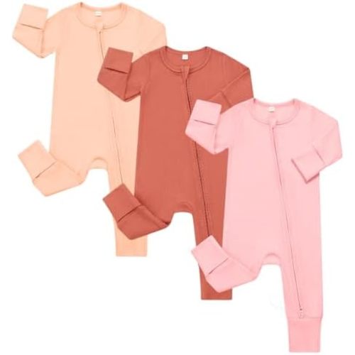 Bafeicao 3 Pack Baby Boy Girl Rompers with Mitten Cuffs, Ribbed Cotton 2 Way Zipper Romper One Piece Jumpsuits Clothes