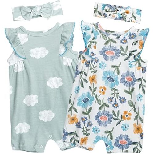 Baby Girls Ruffled Sleeve Rompers Toddler Girls Jumpsuits One-Piece Cotton Outfits