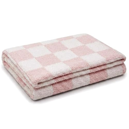 Living Textiles Pink Check Chenille Knitted Soft Baby Blanket - Reversible Premium Cozy Fabric for Best Comfort - for Infant,Toddler,Newborn,Nursery,Girl,Throw,Crib,Stroller