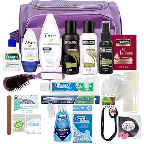 Convenience Kits International Women’s Super Premium 31 PC Travel Kit Featuring: Ensemble of Travel-Size Hair Care Products Plus Face, Body, Oral Care, Travel Essentials in Large Purple Toiletry Bag