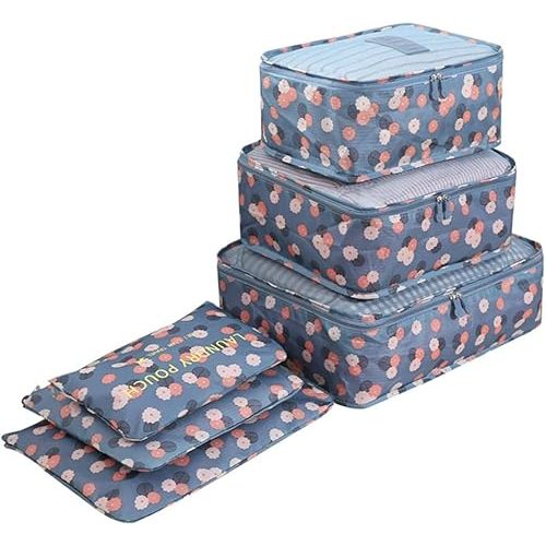 Rojeam Packing Cubes 6 Pcs Travel Luggage Organizer Packing Organizers Set (Blue Daisy)