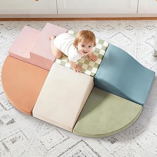 Tiny Land Soft Foam Climbing Blocks for Toddlers, 6-Piece Baby Foam Climbing Blocks, Indoor Playground Climbing Toys, Ideal Gift for Kids Activity Crawling and Sliding Foam Play Set (Morandi)