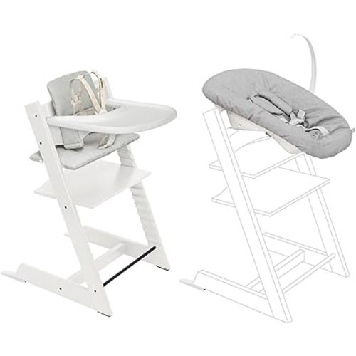 Stokke Tripp Trapp High Chair 2 (White) + Newborn Set + Cushion 2 (Nordic Grey) + Stokke Tray (White) - Includes Chair & Baby Set with Removable Harness for Children 6-36 Months