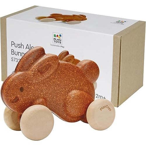 PlanToys® Brown Push Along Bunny Wooden Montessori Movement Toy for Kids