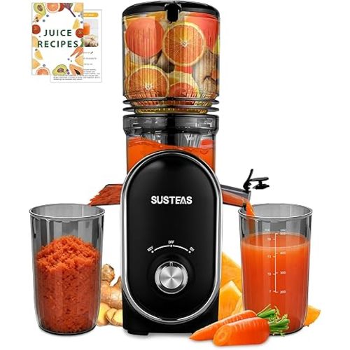 SUSTEAS Cold Press Juicer, 300W, 5.3" Large Feed Chute, 1.5L Capacity, Automatic Feeding, High Yield, Easy to Clean, Ideal for Whole Fruits & Vegetables, Black
