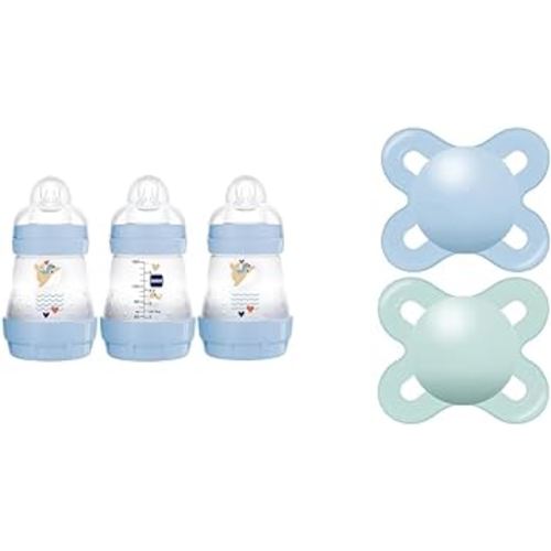 MAM Easy Start Anti Colic Baby Bottle, Easy Switch Between Breast and Bottle & Original Start Matte Newborn Baby Pacifier, Best Pacifier for Breastfed Babies, Sterilizer Case, Boy, 0-3 (Pack of 2)