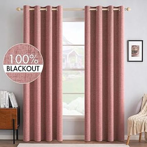 MIULEE 100% Blackout Linen Textured Curtains for Bedroom Solid Thermal Insulated Dusty Rose Grommet Room Darkening Curtains & Drapes Luxury Decor for Living Room Nursery 52 x 84 Inch (2 Panels)
