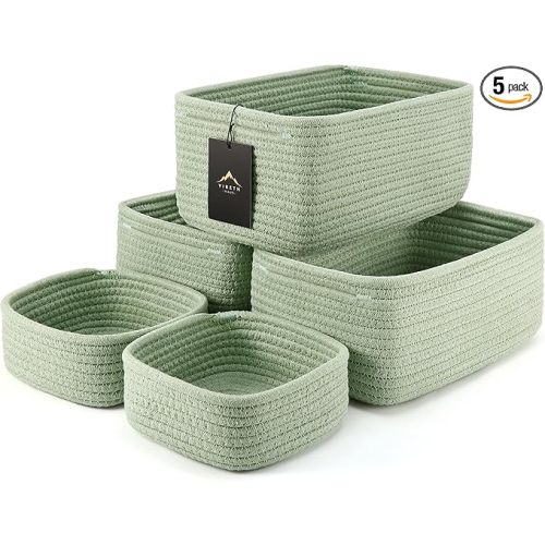5-Pack Small Woven Rope Storage Baskets - Green