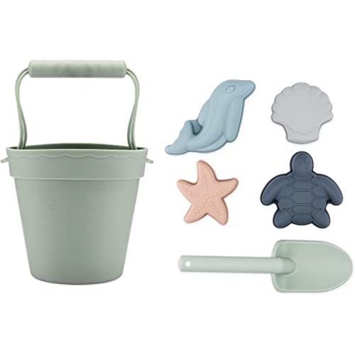 AVA + OLIVER 6 Piece Beach Sand Toy Set with Silicone Bucket, Shovel, and Sand Molds (Sage Green)
