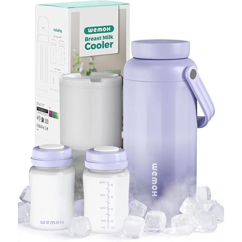 WEMOH Breast Milk Cooler Bottle - 12H+ Ice-Cold/24H Safe Storage, Compatible with Spectra Pumps, TSA Approved Travel Chiller, 18oz (2x9oz) Lightweight Leakproof Container for Work, Purple
