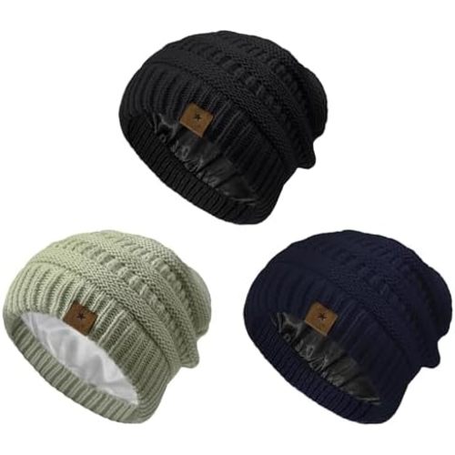 Zando 3 Pack Toddler Satin Lined Beanie Hat Baby Knitted Winter Hats for Boys Girls Soft Warm Silk Lined Infant Beanies Cap