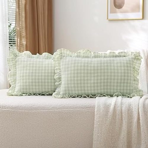 2 Pack Pile Green White Plaid Ruffle Gingham Lumbar Throw Pillow Covers, 100% Washed Cotton Checkered Farmhouse Decorative Pillow Shams for Bed/Sofa - 20''x12''