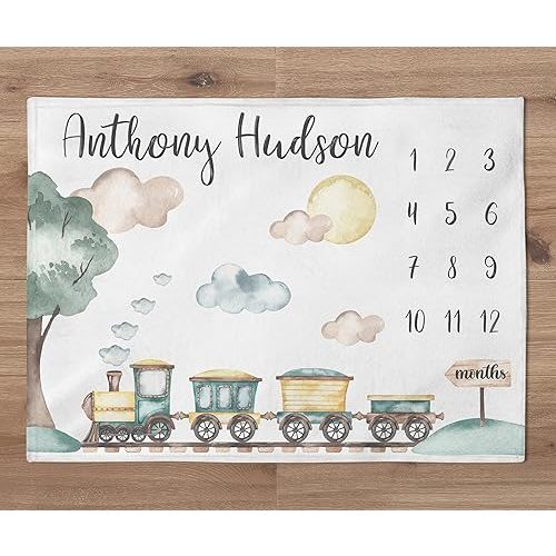 Train Baby Milestone Blanket, Custom Adventure Blanket, Personalized Train Baby Boy Month Blanket, Newborn Gift HHQ63_BLKBB02_10