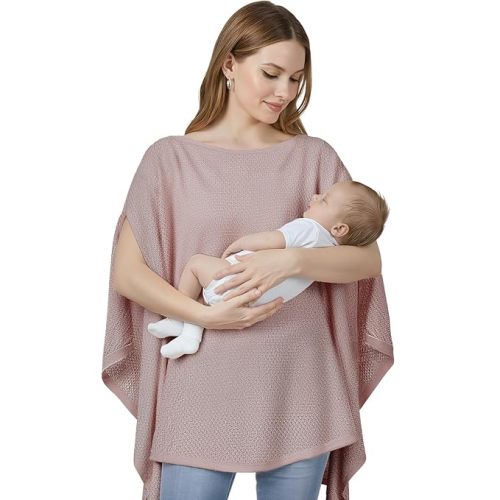 Knit Nursing Cover Up for Breastfeeding, Soft & Cozy Breastfeeding Poncho with Dual Side Slits, 360° Full Privacy Nursing Shawl with Laundry Bag, Mauve Taupe