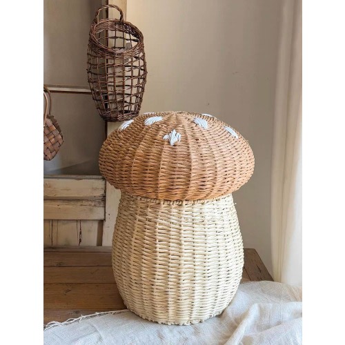 Handmade Woven Basket, Mushroom Storage Basket with Cover, Baby Baskets